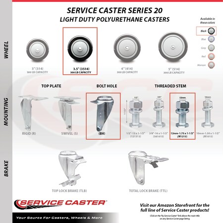 Service Caster 3.5 Inch Black Polyurethane Wheel Swivel 12mm Threaded Stem Caster SCC SCC-TS20S3514-PPUB-BLK-M1215
